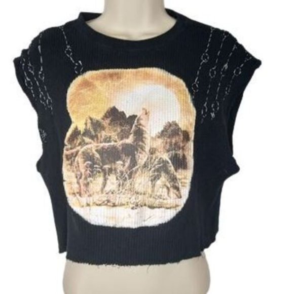 Modified Forever21 Howling Wolf Graphic Cropped Thermal Tee - Picture 1 of 4